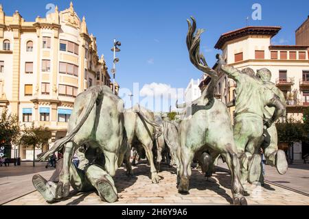 Bronze statue to the running of the bulls on Estafeta street in the Spanish city of Pamplona Navarra Northern Spain Stock Photo