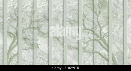 3d wallpaper, tree branch, pale green marble background, vertical stripes Stock Photo