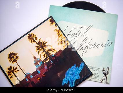 Rock band, The Eagles music album on vinyl record LP disc. Titled: Hotel  California Stock Photo - Alamy