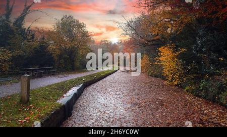 Autumn sunset over the Monmouthshire and Brecon Canal and the Taff Trail in South Wales UK take using a drone Stock Photo
