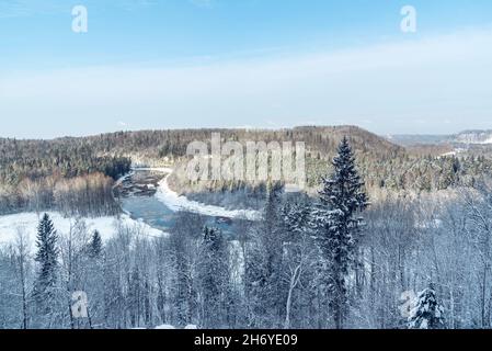 Landscape view of Gauja river valley from the hill in Sigulda, Latvia at winter Stock Photo