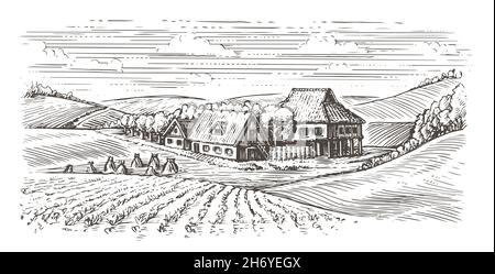 Sketch of rural landscape with hills, fields and countryhouse. Skyline ...