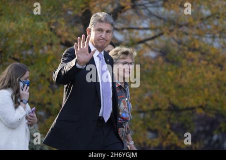 Washington, United States. 18th Nov, 2021. United States Senator Joe Manchin III leaves the West Wing of the White House attending an event in Washington, DC on Thursday, November 18, 2021. Photo by Chris Kleponis/UPI Credit: UPI/Alamy Live News Stock Photo