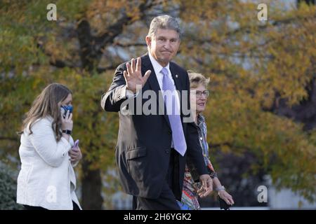 Washington, United States. 18th Nov, 2021. United States Senator Joe Manchin III leaves the West Wing of the White House attending an event in Washington, DC on Thursday, November 18, 2021. Photo by Chris Kleponis/UPI Credit: UPI/Alamy Live News Stock Photo