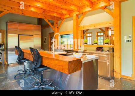 Island With Stainless Steel Countertop And Oiled Pine Wood Bar With Black Plastic And Leather High Back Chairs In Kitchen Inside Timber Frame Home 2h6yh2m 