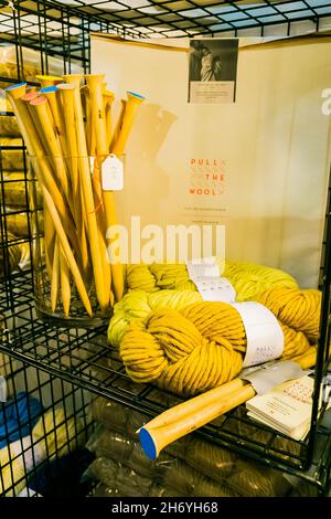 JOHANNESBURG, SOUTH AFRICA - Oct 19, 2021: A close up of heaps of yellow ropes on display at exhibitor  at hand-made design fair in Johannesburg, Sout Stock Photo