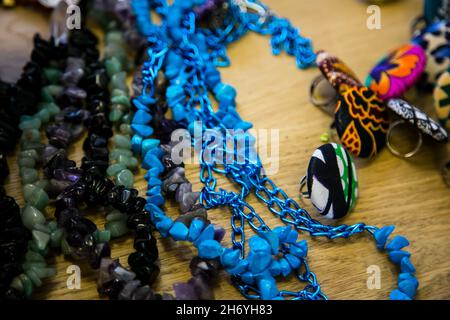 JOHANNESBURG, SOUTH AFRICA - Oct 19, 2021: A colorful necklaces on display at exhibitor at hand-made design fair in Johannesburg, South Africa Stock Photo