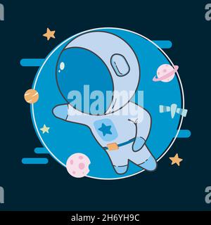 Vector illustration of cute characters dressed as astronauts, flying around planets, stars, satellites, and asteroids. Stock Vector