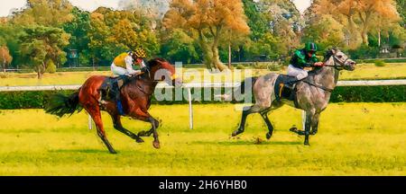 Painting of galloping race horses in racing competition, Horse race riding sport jockeys competition horses running watercolor painting illustration Stock Photo
