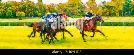 Jockeys on their horses running towards finish line in race course. Stock Photo