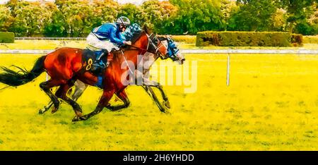 Jockeys on their horses running towards finish line in race course. Stock Photo