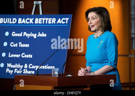 Washington, United States. 18th Nov, 2021. House Speaker Nancy Pelosi (D-CA) speaks at her weekly press conference. Credit: SOPA Images Limited/Alamy Live News Stock Photo