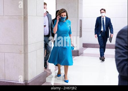 Washington, United States. 18th Nov, 2021. House Speaker Nancy Pelosi (D-CA) walks to her weekly press conference. Credit: SOPA Images Limited/Alamy Live News Stock Photo
