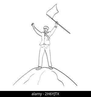 line art successful businessman hold a flag on top mountain  illustration vector isolated on white background Stock Vector