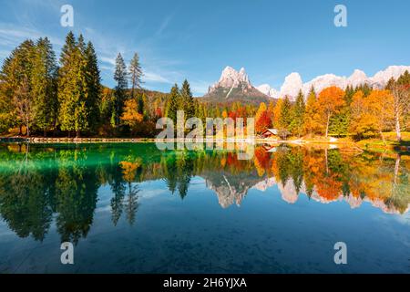 Picturesque view at autumn Welsperg lake in Dolomite Alps. Canali Valley, Primiero San Martino di Castrozza, Province of Trento, Italy. Landscape photography Stock Photo
