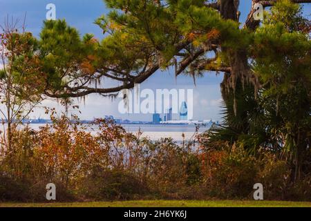 The skyline of Mobile, Alabama, is seen from Bayfront Park in Daphne, Alabama. Stock Photo
