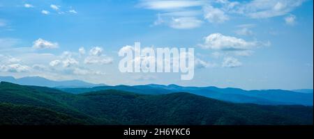 panoramic view with clear blue sky over mountain hills forested with green trees Stock Photo