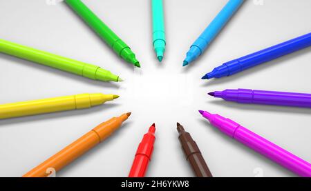 Closeup of the colorful markers on white background. Stock Photo