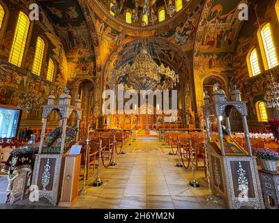 Interior view from the church of Agii Taxiarches (The Holy Temple of the Greatest Brigadiers) in Kalamata city, Messenia, Greece Stock Photo