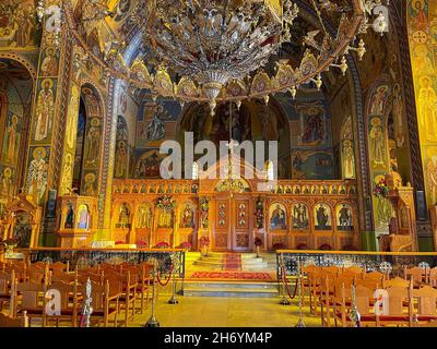 Interior view from the church of Agii Taxiarches (The Holy Temple of the Greatest Brigadiers) in Kalamata city, Messenia, Greece Stock Photo