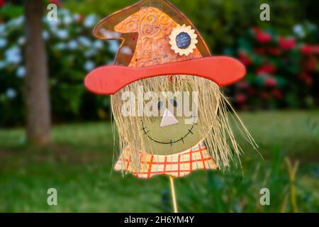 Witch decor in residential front yard with blurred trees and foliage in background. Stock Photo