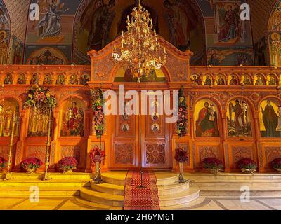 Interior view from the church of Agii Taxiarches (The Holy Temple of the Greatest Brigadiers) in Kalamata city, Messenia, Greece Stock Photo