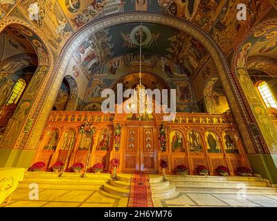 Interior view from the church of Agii Taxiarches (The Holy Temple of the Greatest Brigadiers) in Kalamata city, Messenia, Greece Stock Photo