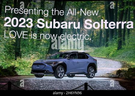 Los Angeles, California, USA. 18th Nov, 2021. The 2023 Subaru Solterra all-electric SUV is displayed at the 2021 LA Auto Show media day. (Credit Image: © Ringo Chiu/ZUMA Press Wire) Stock Photo