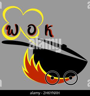 minimal lettering logo asian food delivery wok with fire 1 Stock Vector