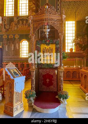 Interior view from the church of Agii Taxiarches (The Holy Temple of the Greatest Brigadiers) in Kalamata city, Messenia, Greece Stock Photo