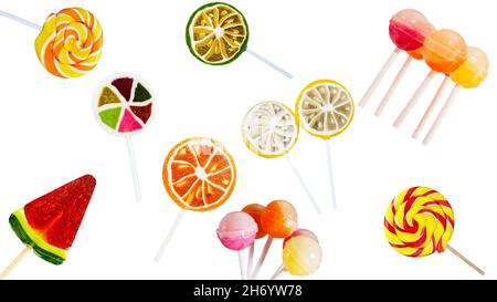 Mix lollipops different on white isolated background. Sweets for children. Caramel banner Stock Photo