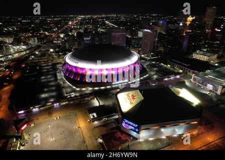 An aerial view of the Caesars Superdome, Saturday, Nov. 14, 2021, in New  Orleans, La. The indoor stadium, formerly know as the Louisiana Superdome  and the Mercedes-Benz Superdome, is the home of