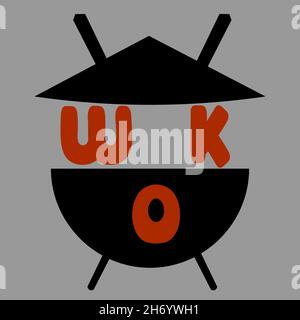 minimal lettering logo asian food wok with chopsticks and hat 1 Stock Vector