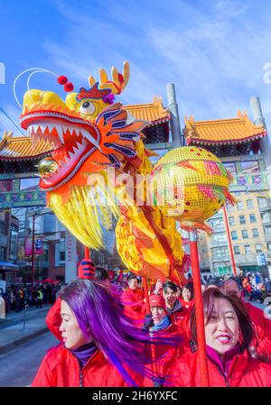 VanCity dragon dance team, Chinese Lunar New Year Parade, Chinatown, Vancouver, British Columbia, Canada. Stock Photo