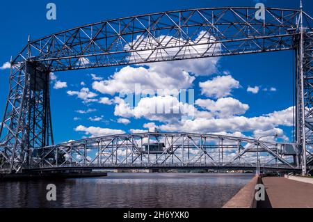 Duluth, Minnesota Aerial Lift Bridge at Waterfront Canal Park on Lake Superior Stock Photo