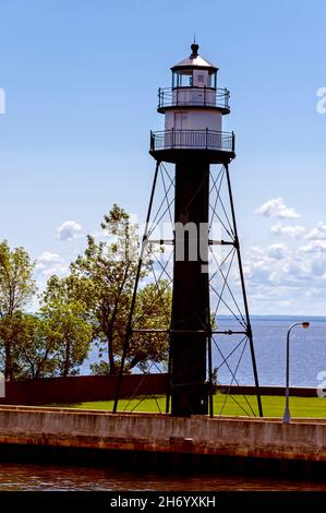 Duluth Waterfront: Canal Park & Aerial Lift Bridge;  Duluth Rear Range Lighthouse Stock Photo