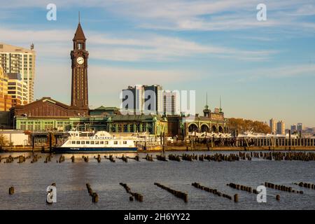 Hoboken, NJ - USA - Nov. 14, 2021: Horizontal view of the Hoboken Terminal, a commuter-oriented passenger station in Hoboken. connecting NJ Transit Ra Stock Photo