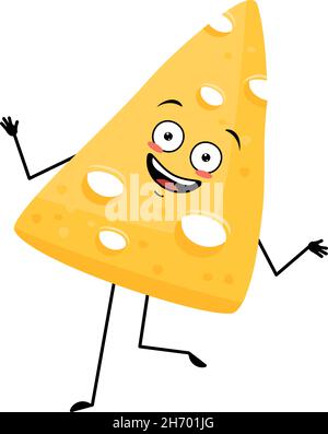 Cute cheese character with joyful emotions, happy face, smile, eyes, arms and legs. Fun dairy meal or snack. Vector flat illustration Stock Vector