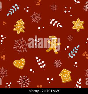 Gingerbread seamless pattern. Festive Christmas background with cookies, berries and snowflakes. Flat style Stock Vector