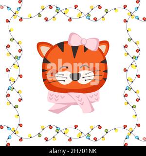 Cute Chinese tiger with bow and scarf in childish style with frame made of festive garlands with lights. Funny animal with happy face. Vector flat illustration for holiday  Stock Vector