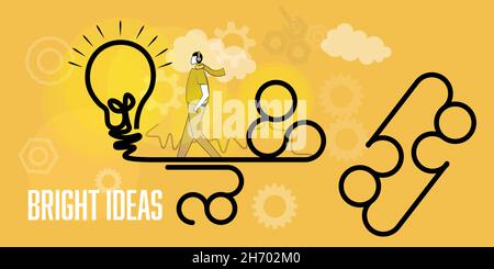 Bright Ideas lightbulb moment concept vector illustration, big idea thinking on a yellow background with clouds and cogs. Stock Vector