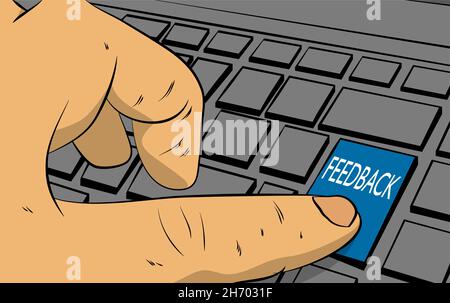 Feedback word on computer keyboard. Man push keypad on laptop. Comic book style concept. Stock Vector