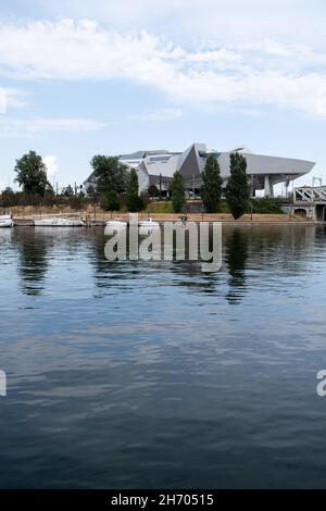 France, Lyon, August 2020. Illustration of the city of Lyon. Museum of Confluences. Photograph by Martin Bertrand. France, Lyon, Aout 2020. Illustrati Stock Photo