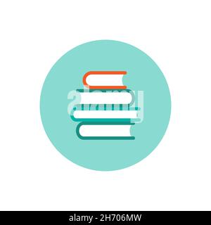 Stack of colorful books in blue circle. Isolated on white background. Flat icon. Vector illustration. Knowledge logo. Education Stock Vector