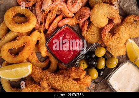 Assorted deep fried beer snacks appetizer set Stock Photo