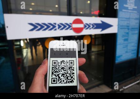 Smartphone with QR codes of vaccination before enter to the shopping centers and malls. Astrakhan, Russia. Stock Photo