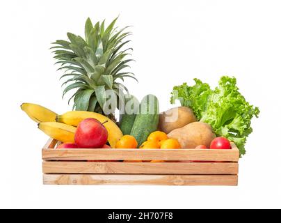 food delivery box of fresh vegetables and fruits isolated on white background Stock Photo