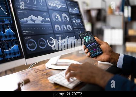 KPI Business Analytics Data Dashboard. Analyst Using Computer Stock Photo