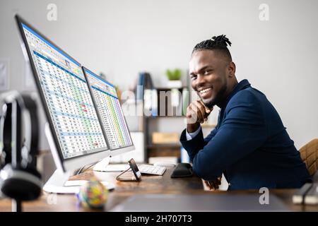 Analyst Employee Using Spreadsheet On Computer Screen Stock Photo