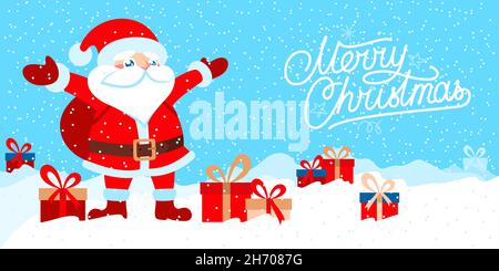 Cute Vector Cartoon Flat Santa Claus Banner. Christmas Theme Character Design Elements Isolated. Stock Vector